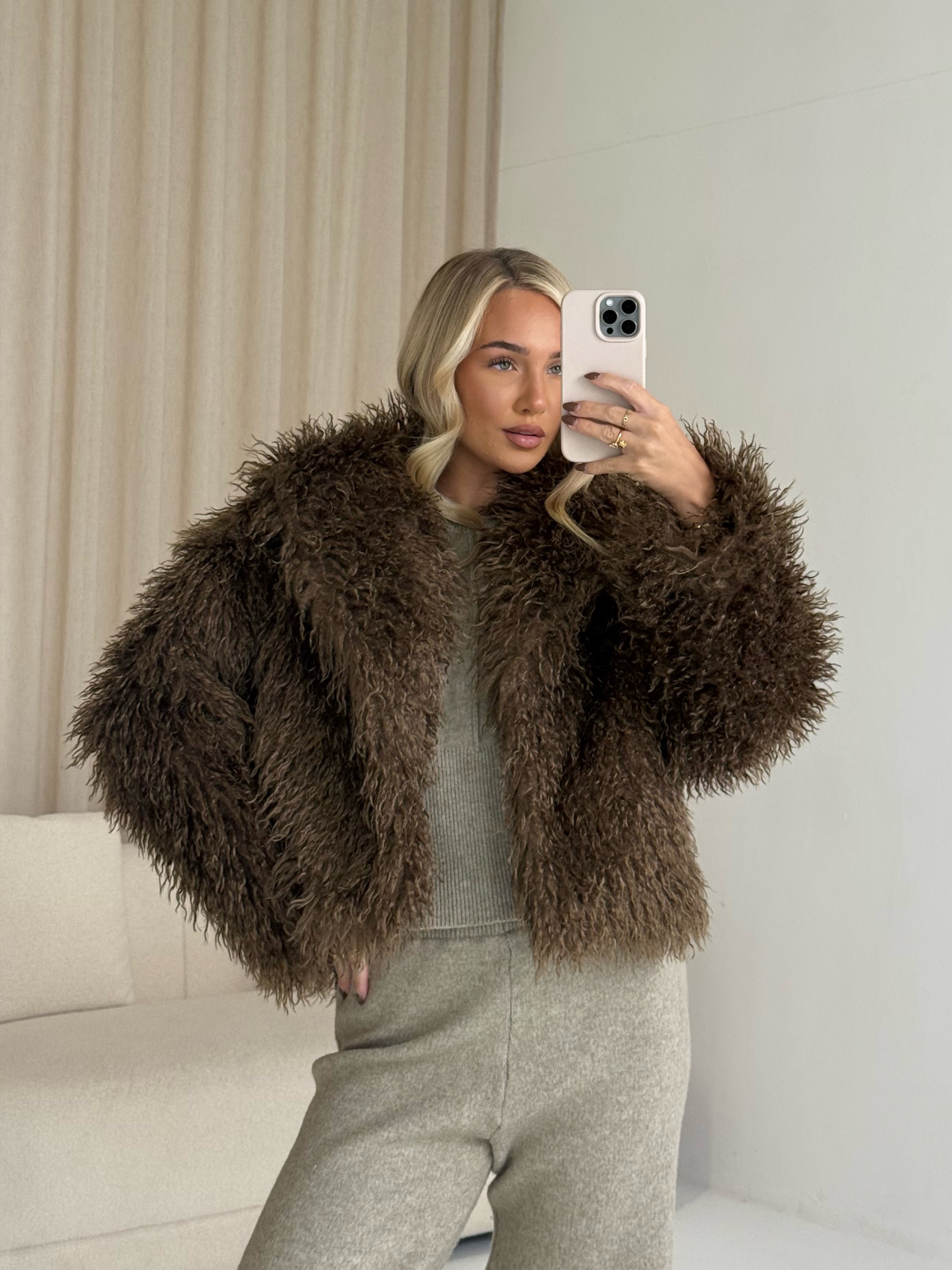 KENDALL Long Sleeved Shaggy Mongolian Cropped Jacket In Chocolate