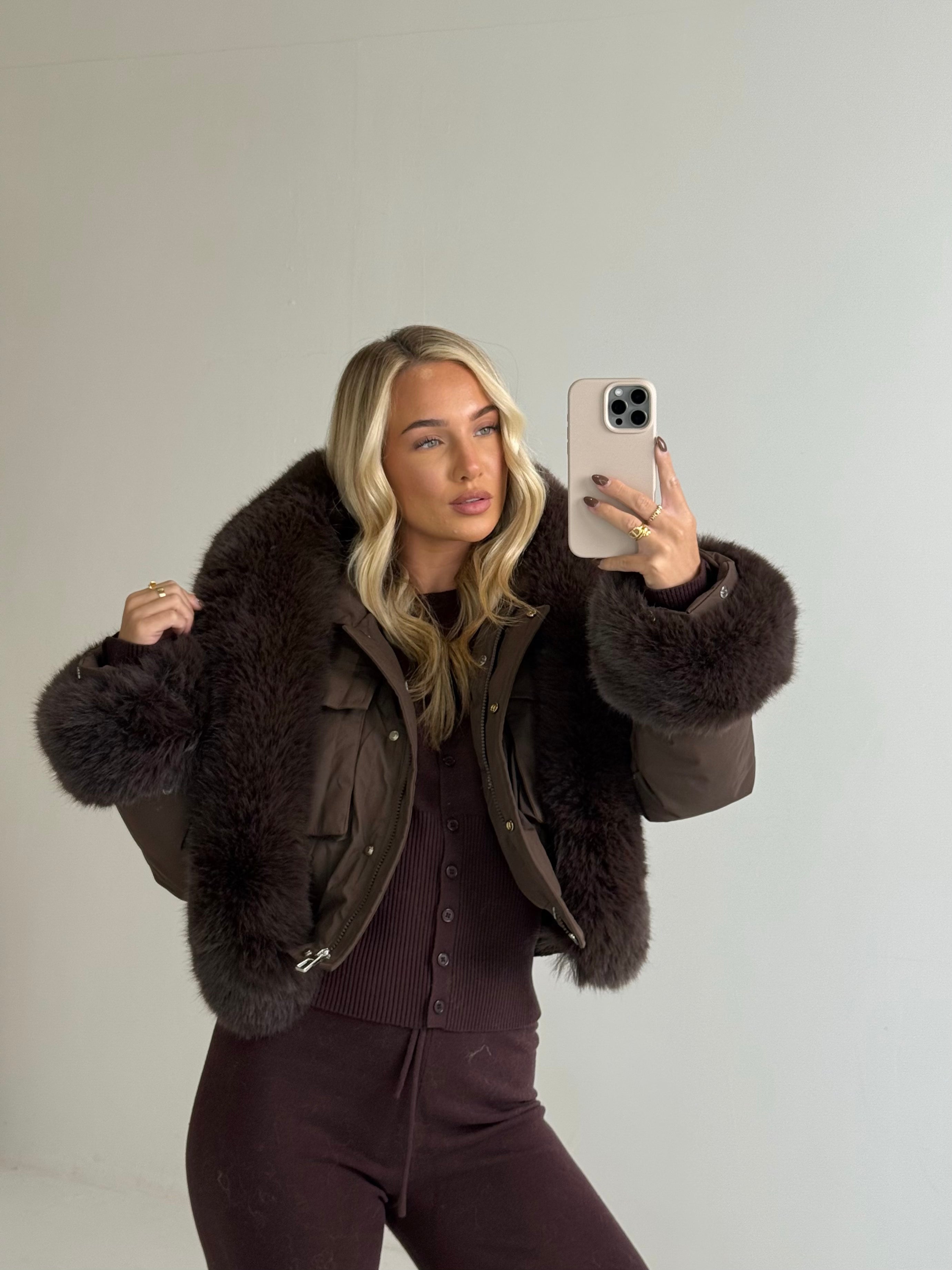 SASKIA Faux Fur Hooded Cropped Puffa Jacket In Chocolate