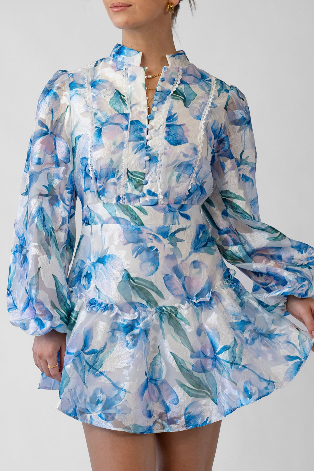 Hazel Blue Print Mini Dress with Long Sleeves