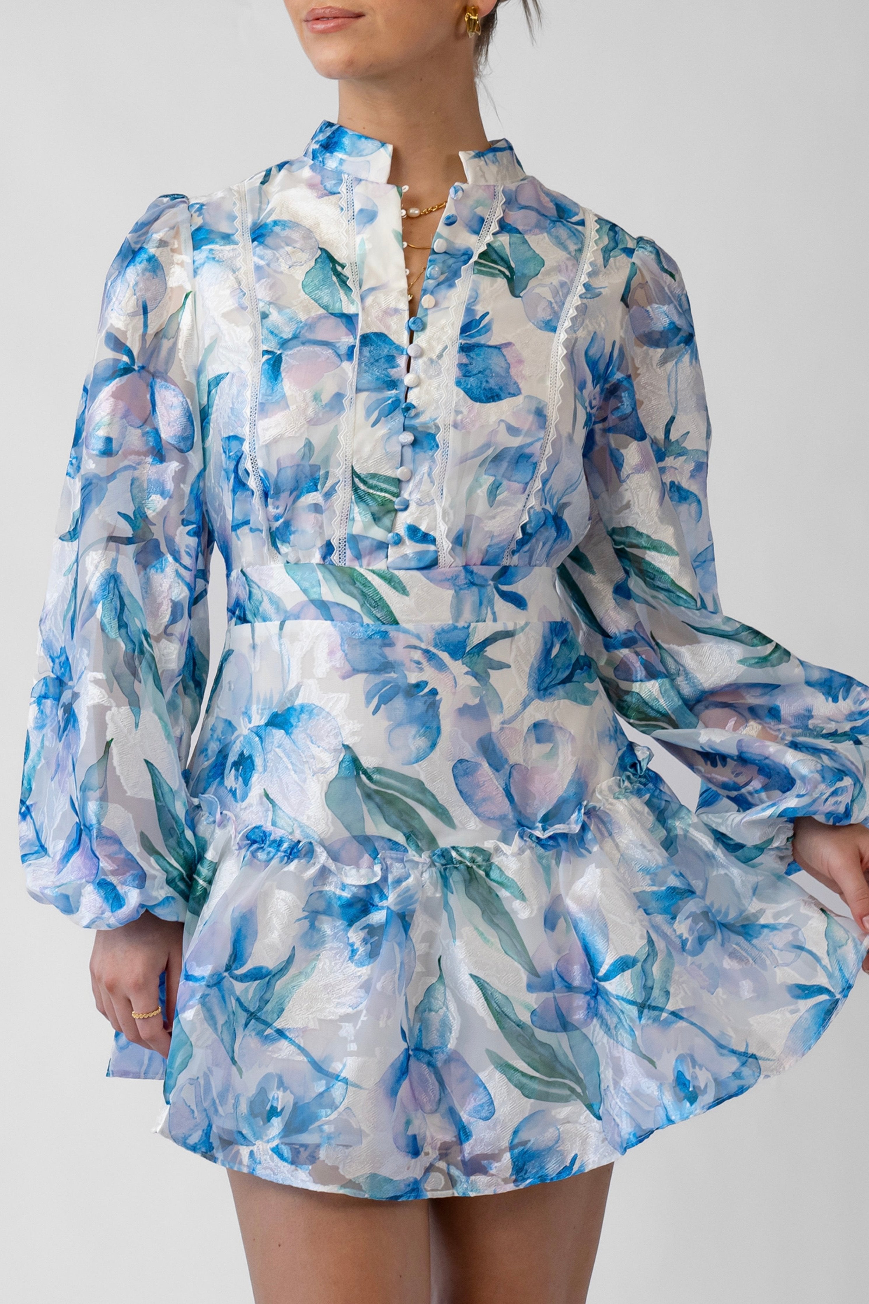 Hazel Blue Print Mini Dress with Long Sleeves