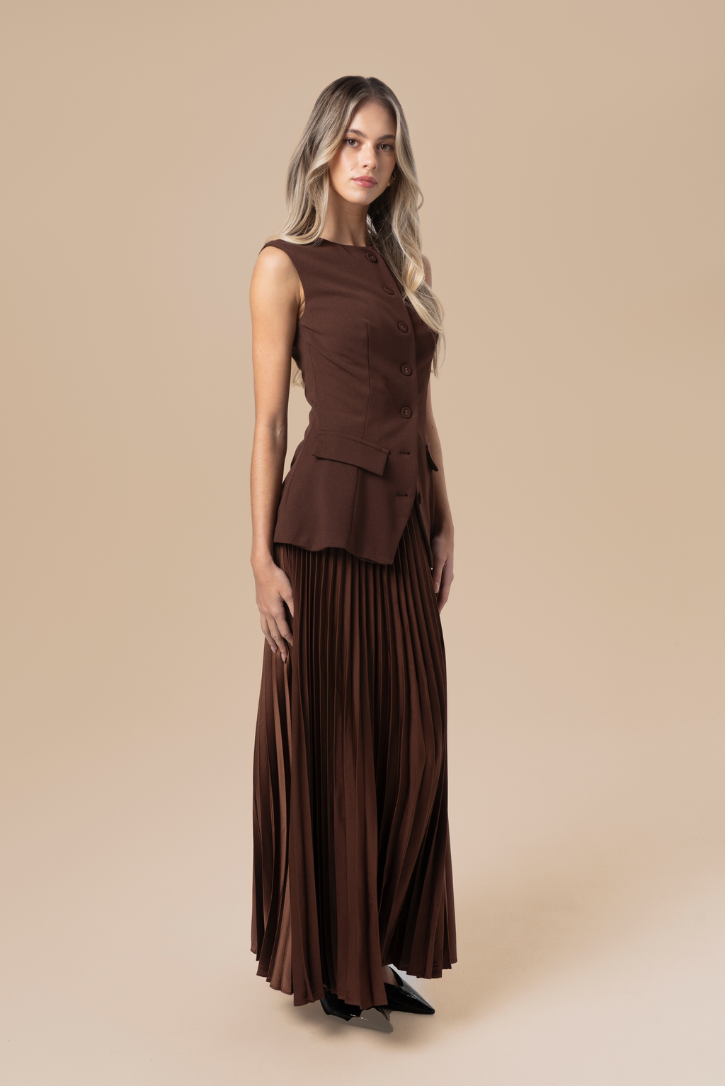 Kendra Chocolate Two-Piece Set - Vest Top & Pleated Maxi Skirt