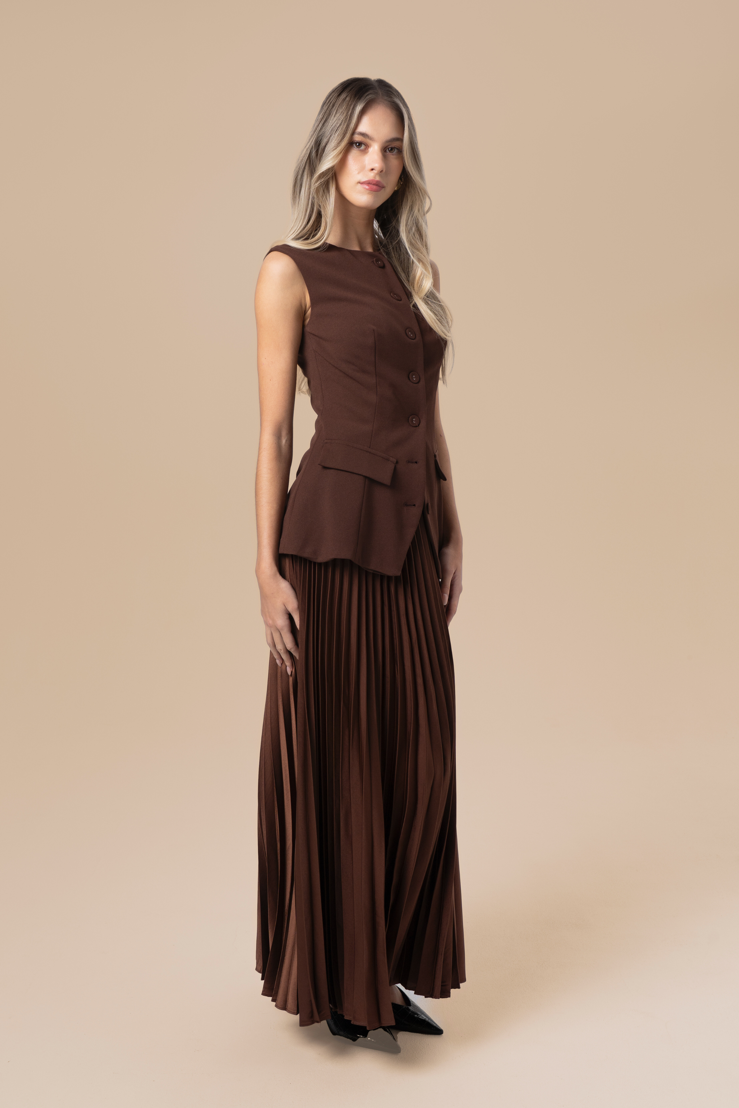 Kendra Chocolate Two-Piece Set - Vest Top & Pleated Maxi Skirt