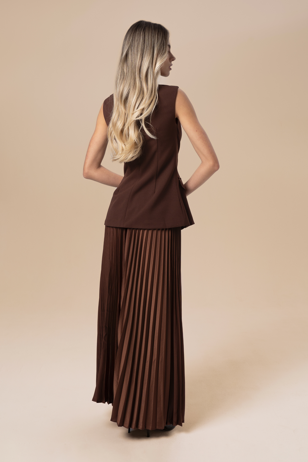 Kendra Chocolate Two-Piece Set - Vest Top & Pleated Maxi Skirt
