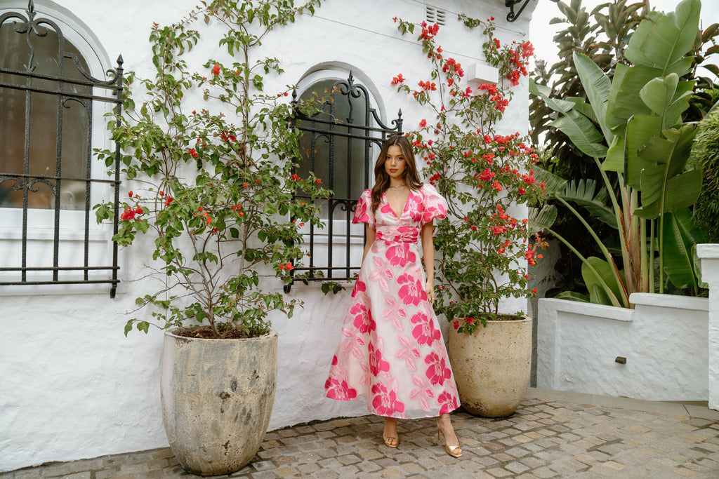Abby Puffed Sleeve Pink Floral Midi Dress