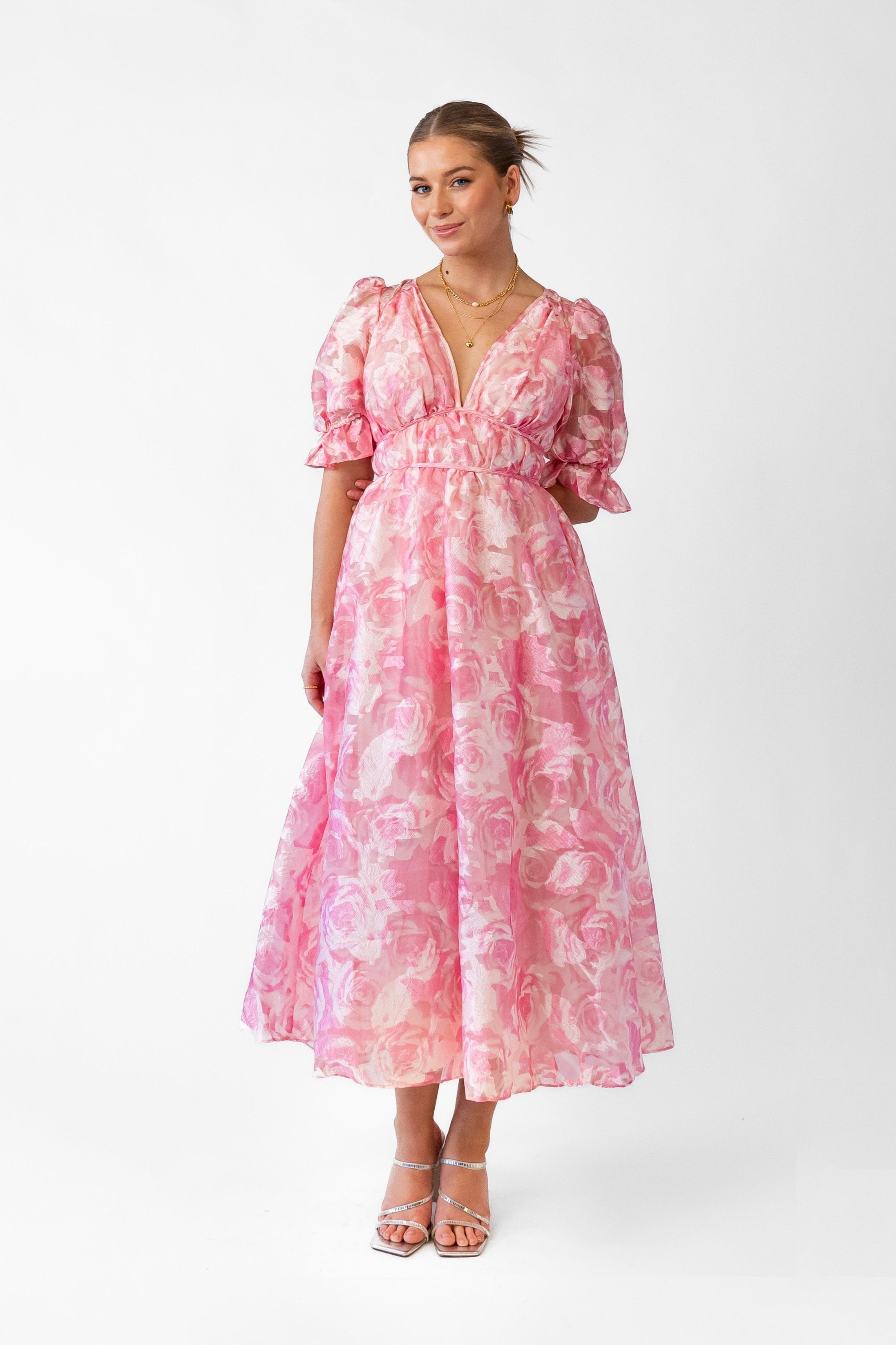 Sammy Pink V-Neck Midi with Puff Sleeves