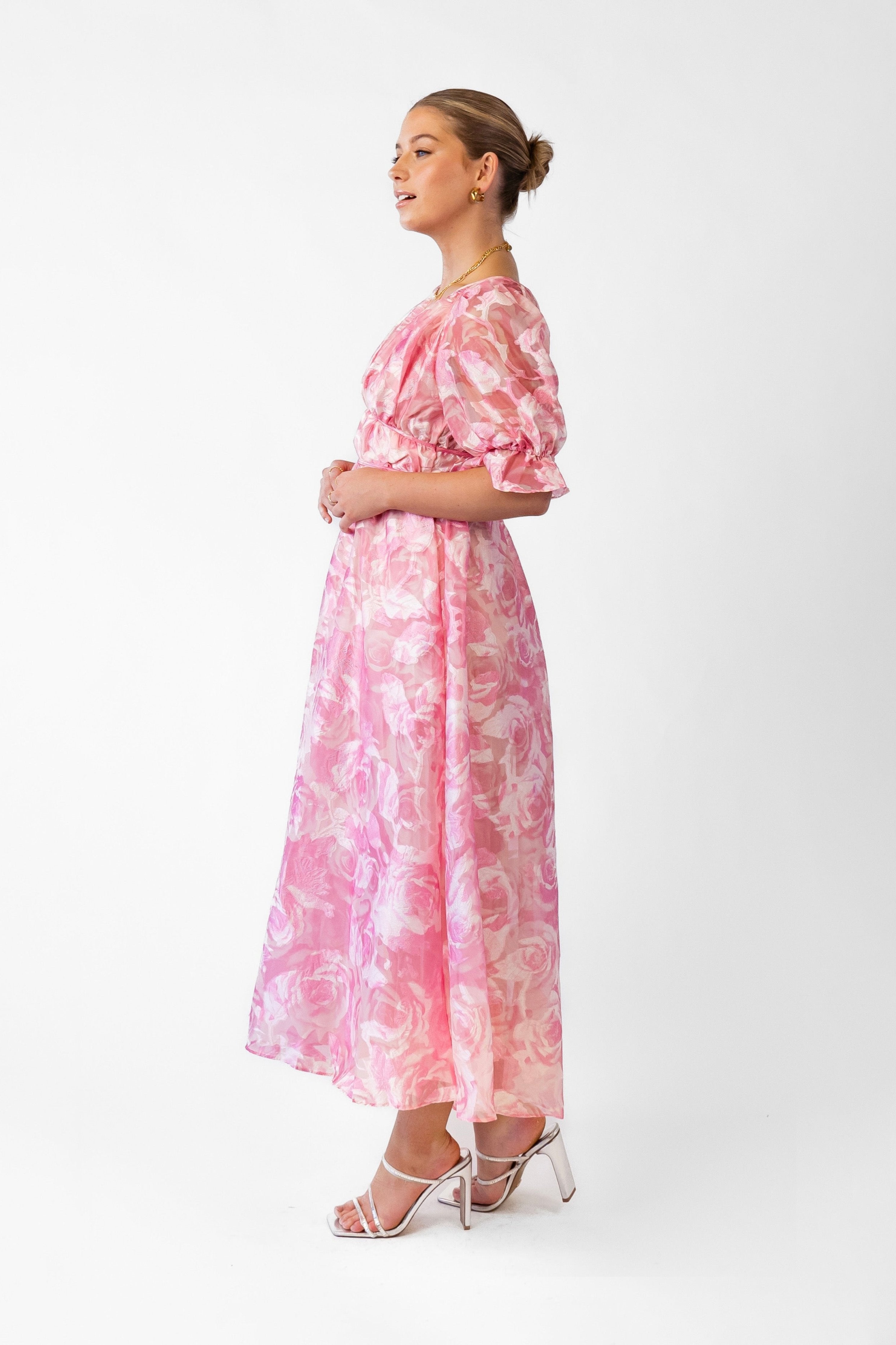 Sammy Pink V-Neck Midi with Puff Sleeves