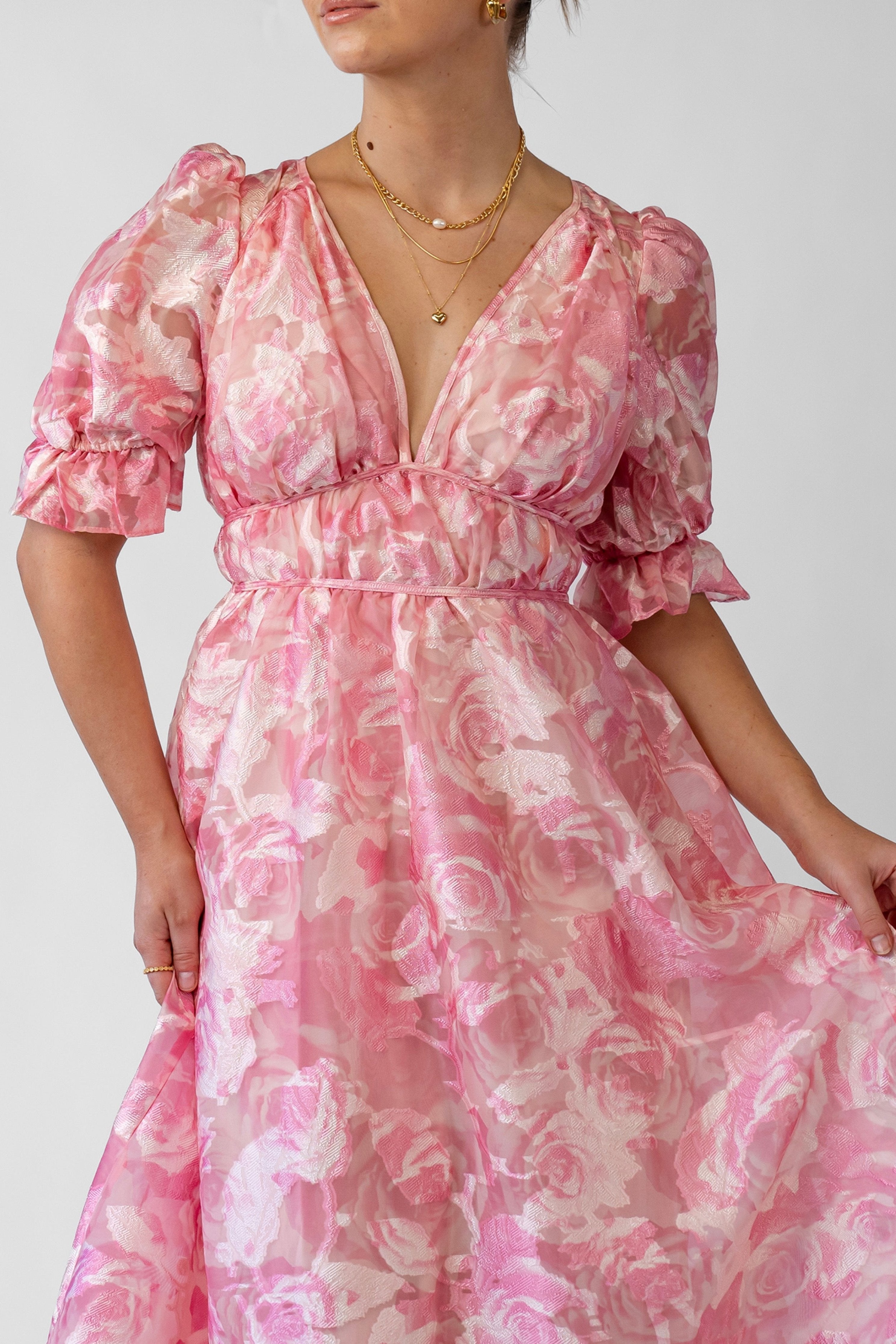 Sammy Pink V-Neck Midi with Puff Sleeves