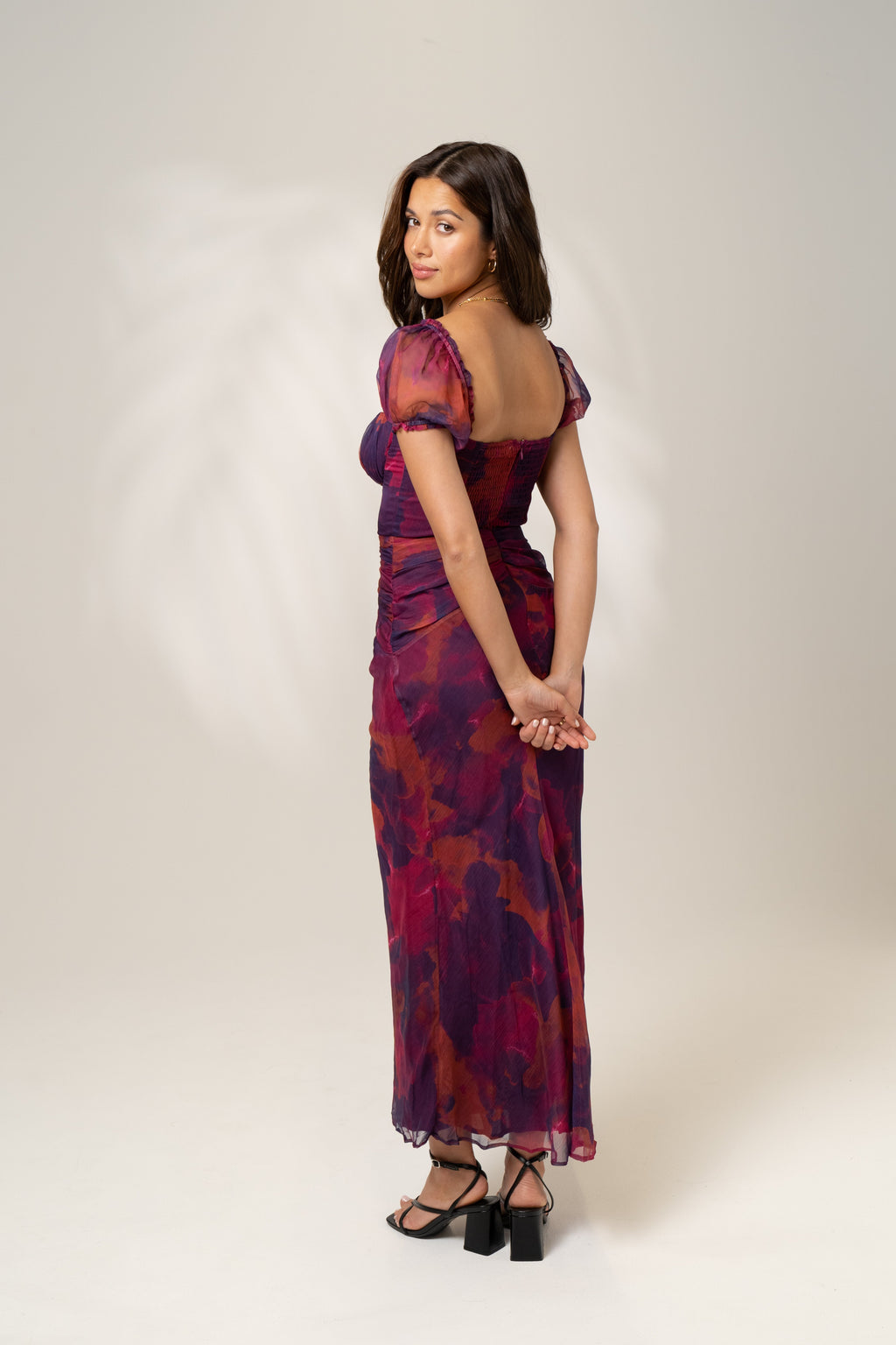 Simone Purple Print Puff Sleeve Midi Dress