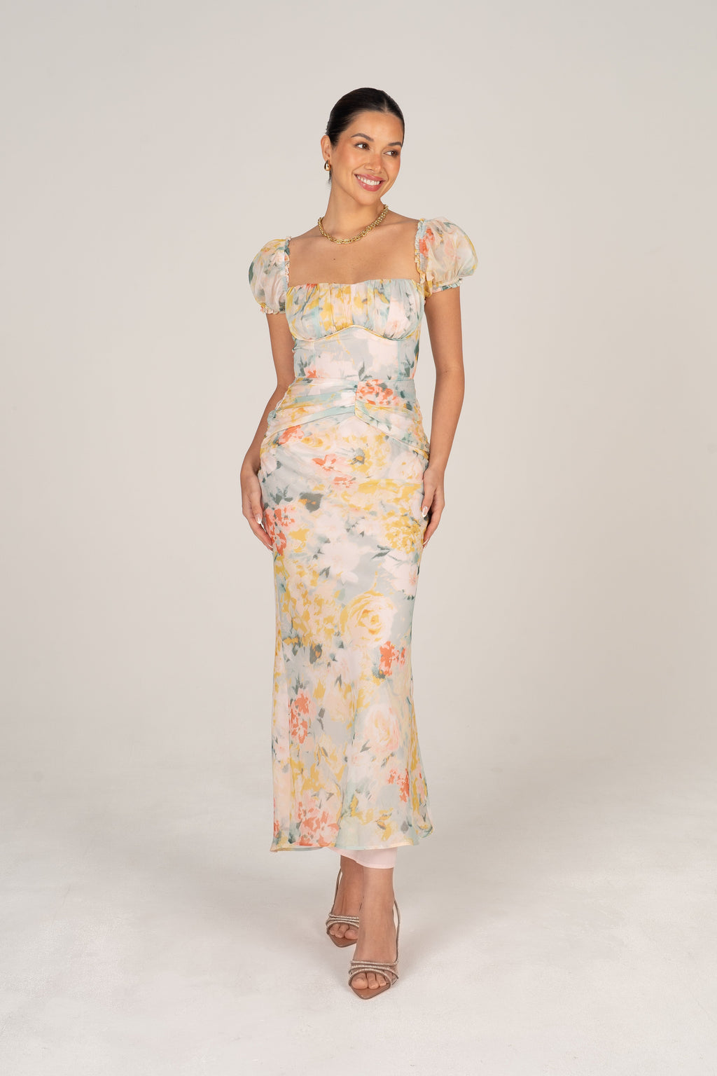 Simone Purple Print Puff Sleeve Midi Dress