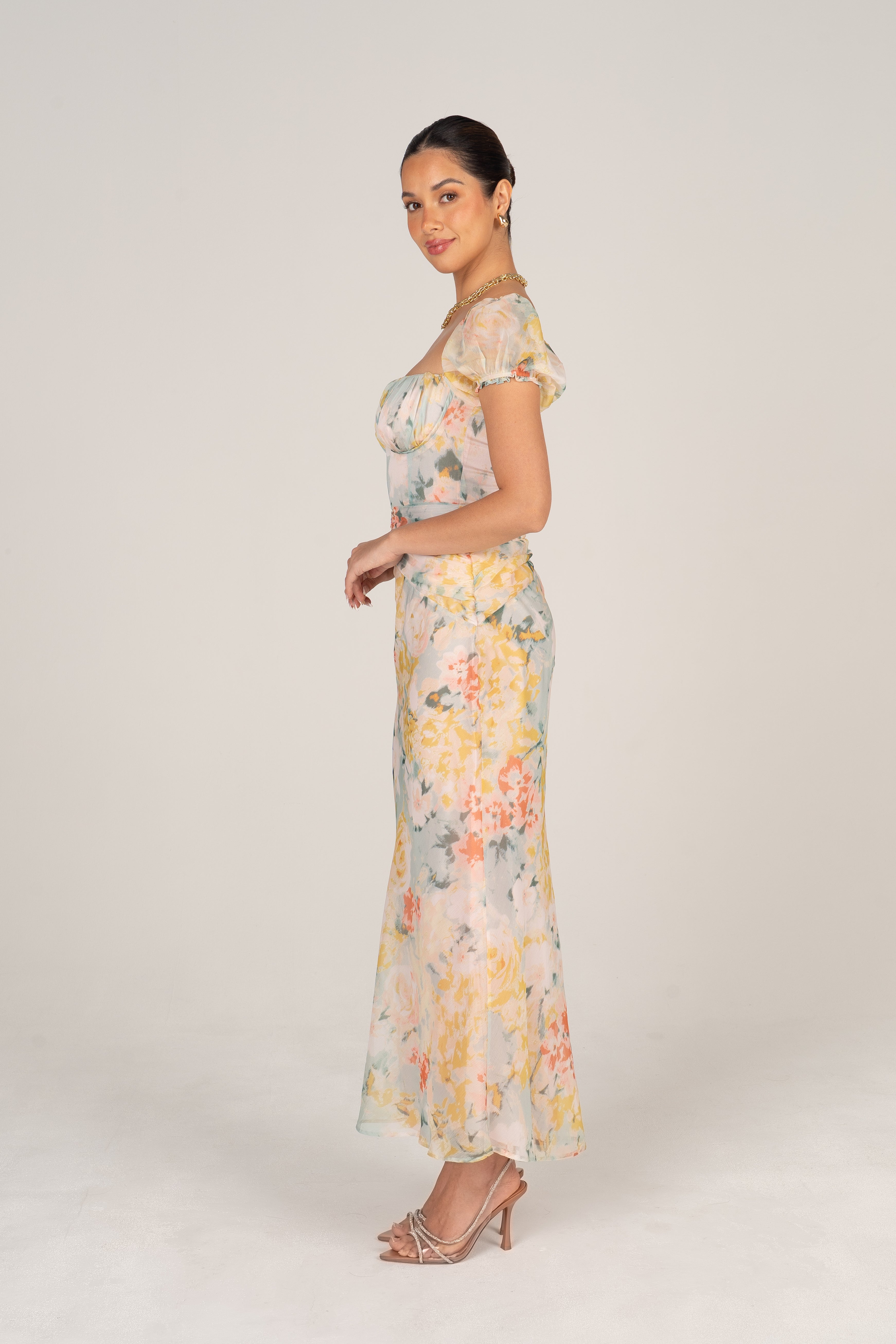 Simone Purple Print Puff Sleeve Midi Dress