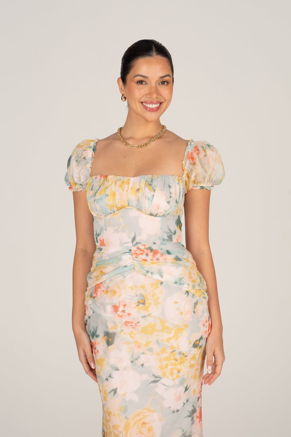 Simone Purple Print Puff Sleeve Midi Dress