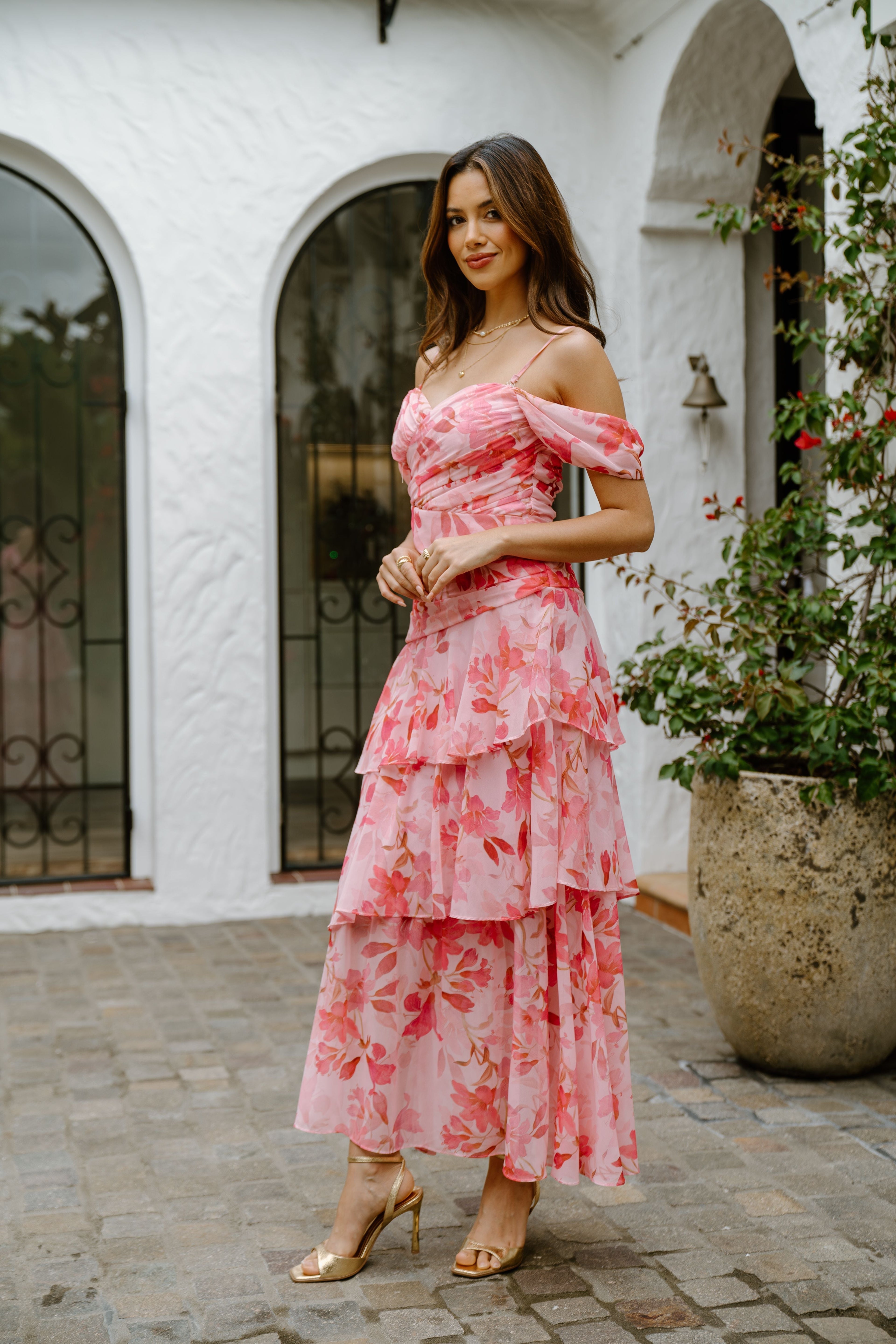 Jenna Drop Shoulder Pink Floral Maxi Dress