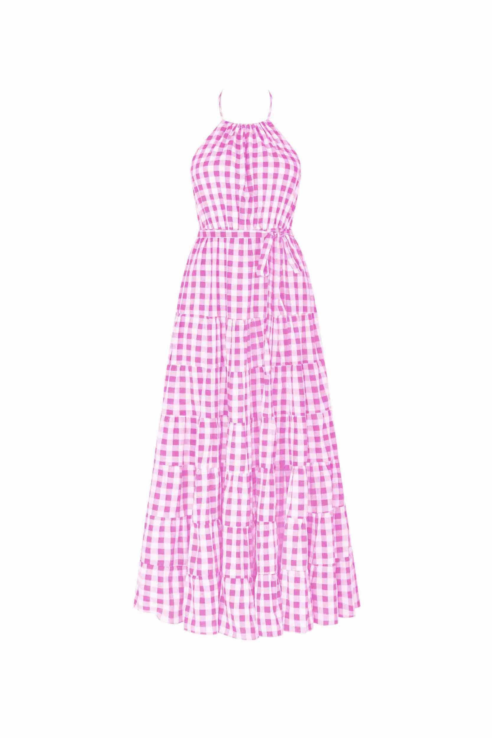 Stacey Pink Gingham Halter Neck MaxiDress