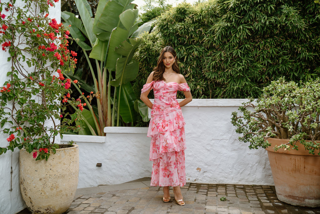 Jenna Drop Shoulder Pink Floral Maxi Dress