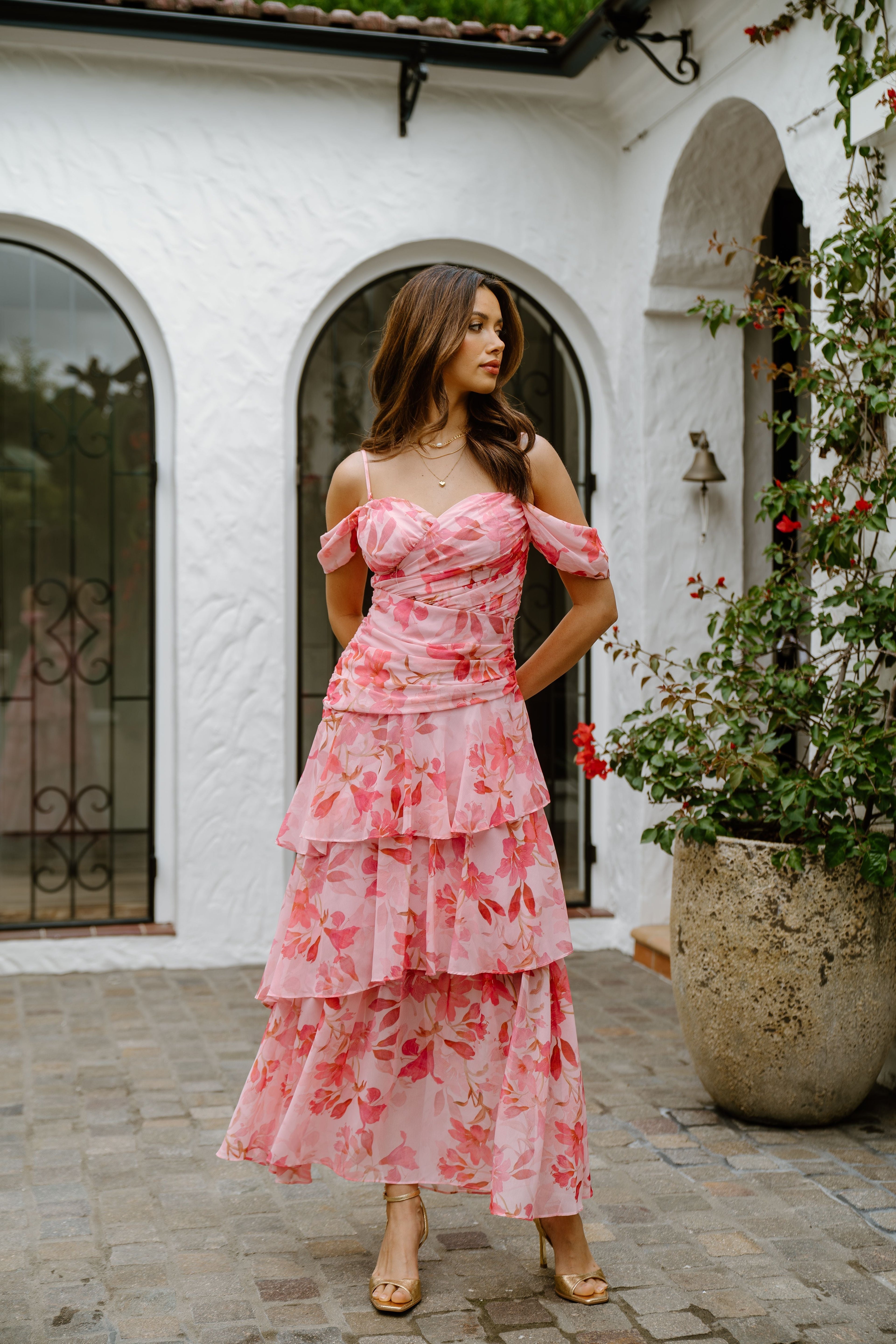 Jenna Drop Shoulder Pink Floral Maxi Dress